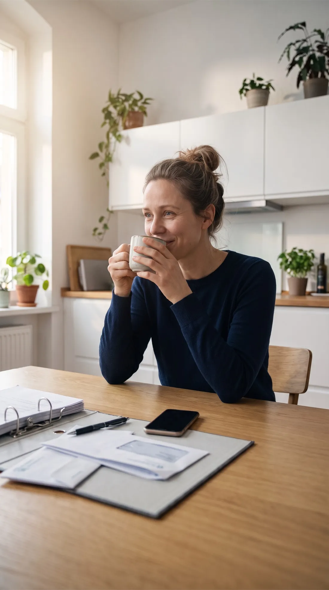Frau mit Kaffeetasse entspannt am Küchentisch